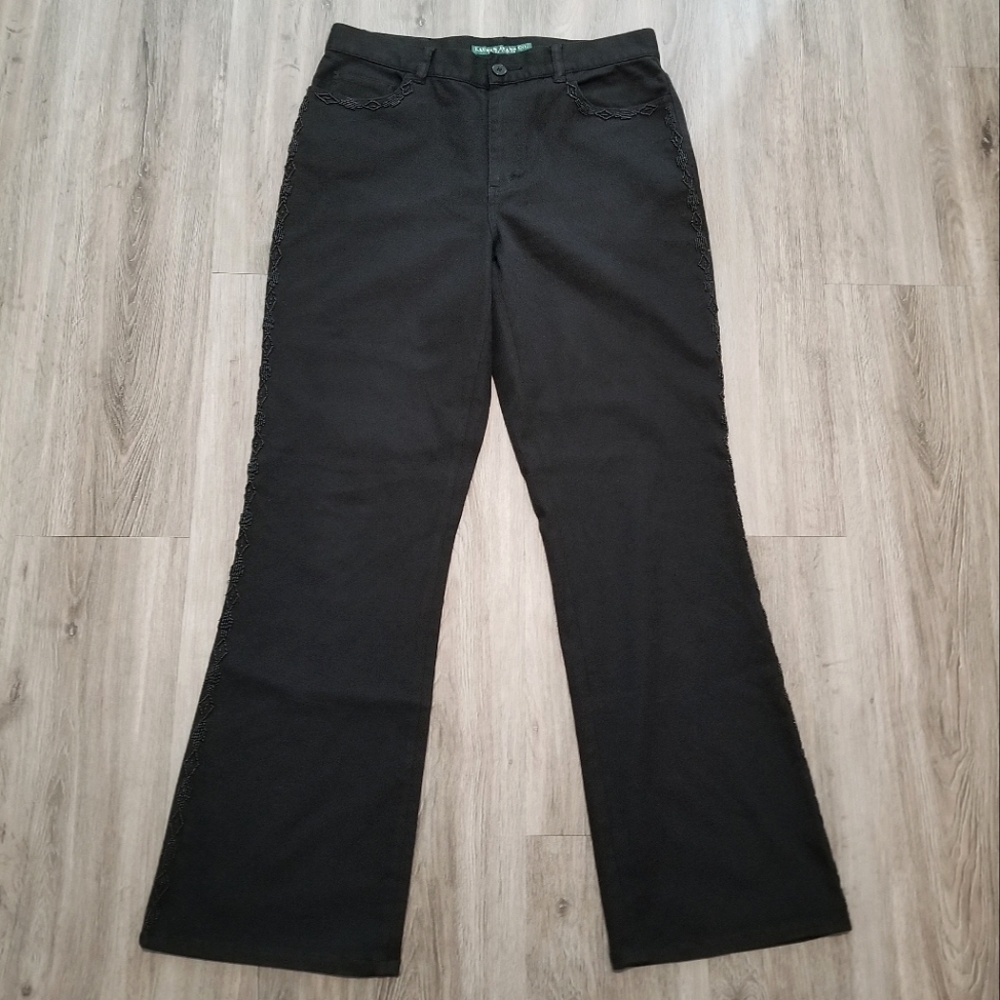 Lauren Jeans Company Bohemian Beaded High Rise Straight Leg Black Jeans Size 10